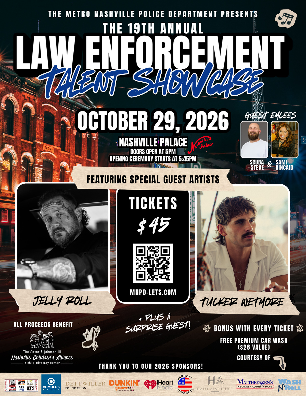 Official 2026 Law Enforcement Talent Showcase flyer featuring Jelly Roll and Tucker Wetmore